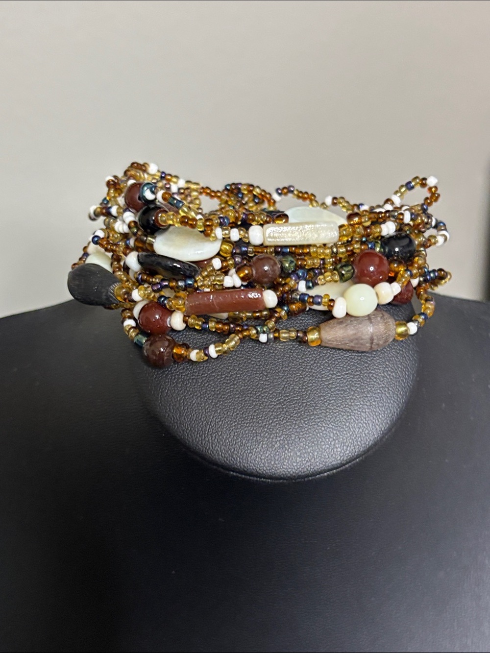 Vintage Multi-Strand Glass Boho Beaded Wrap Bracelet in Amber, Brown & Cream